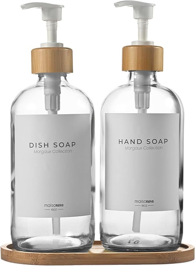 MaisoNovo Clear Glass Soap Dispenser with Pump and Bamboo Tray - Kitchen Soap Dispenser Set - Han... | Amazon (US)