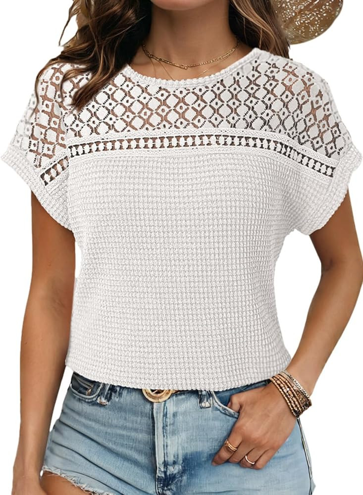 Dokotoo Women's Tops Casual Scoop Neck Short Sleeve Waffle Knit Hollow Out Shirts Loose Tunic Top... | Amazon (US)