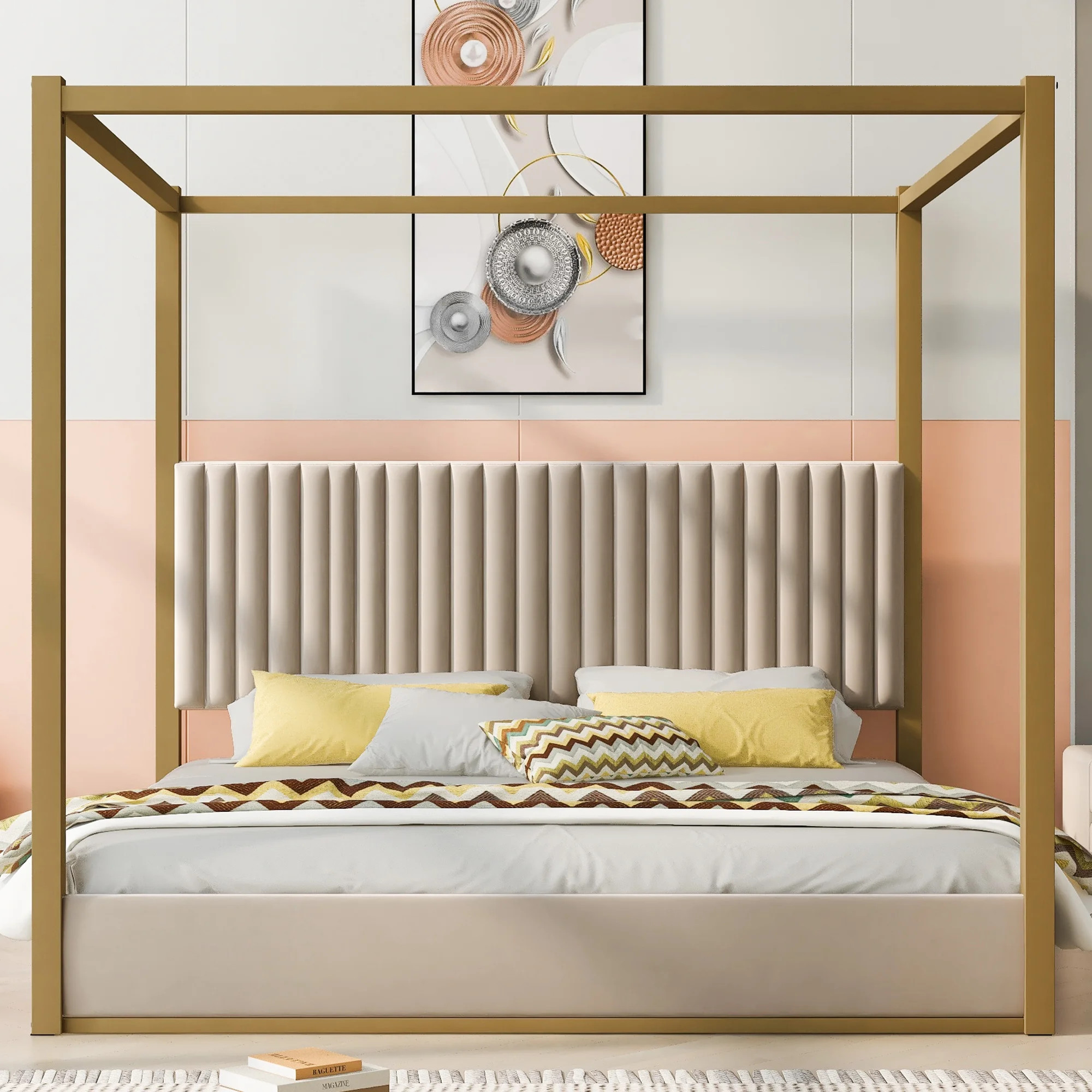 Euroco King Size Canopy Bed with Metal Frame and Upholstery Headboard, Beige - Walmart.com | Walmart (US)