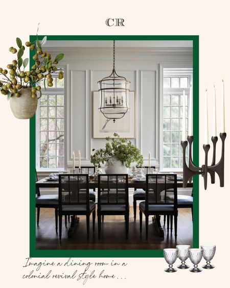 Dine in the elegance of Colonial Revival style with this stunning room, featuring a classic lantern chandelier, sleek black chairs, and a welcoming wall. #ColonialDiningRoom #ElegantInteriors #GreeneryAccent #ChandelierLighting #DiningRoomGoals

#LTKhome