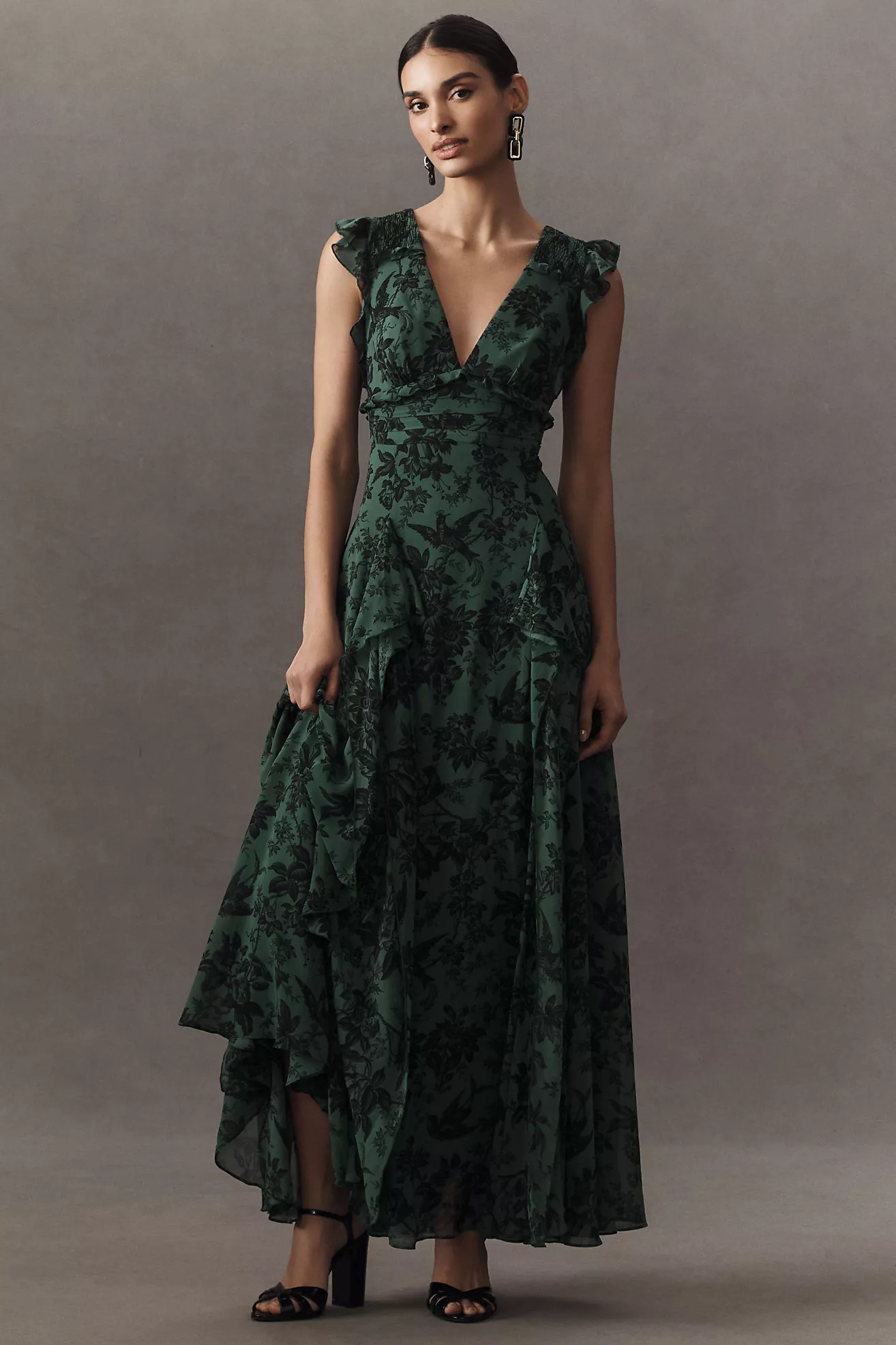 BHLDN Asha Flutter-Sleeve V-Neck Chiffon Maxi Dress | Anthropologie (US)
