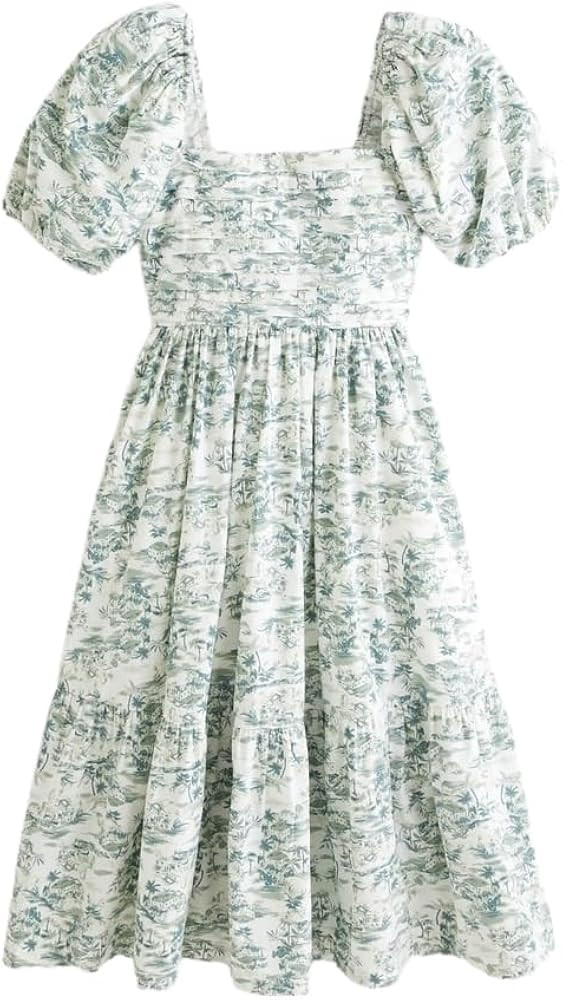 Puff Sleeve Midi Dress, Women's Summer Casual Flowy Beach Floral Ruffle Hem Maxi Dresses | Amazon (US)