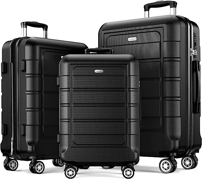 SHOWKOO Luggage Sets Expandable PC+ABS Durable Suitcase Double Wheels TSA Lock 3pcs Black | Amazon (US)
