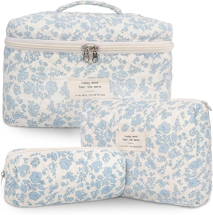 3Pcs Quilted Makeup Bag Set, Cute Floral Cotton Cosmetic Bag, Coquette Bow Make up Bag Large Trav... | Amazon (UK)