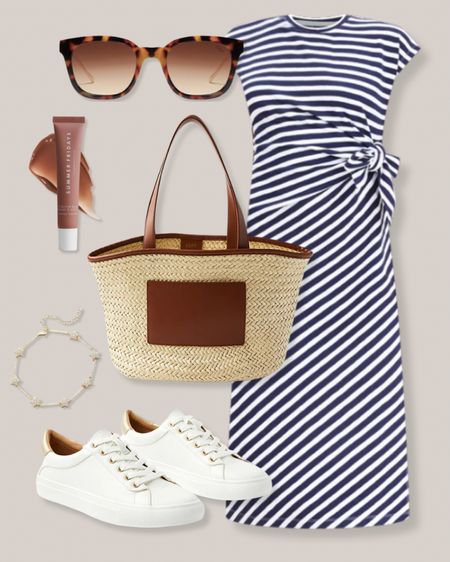 Tortoise sunglasses
Navy and white striped dress
Tinted lip balm
Straw tote bag
Star bracelet
White sneakers
Casual outfit
Spring outfit
Weekend outfit
Loft outfit

#LTKstyletip #LTKfindsunder100 #LTKSeasonal