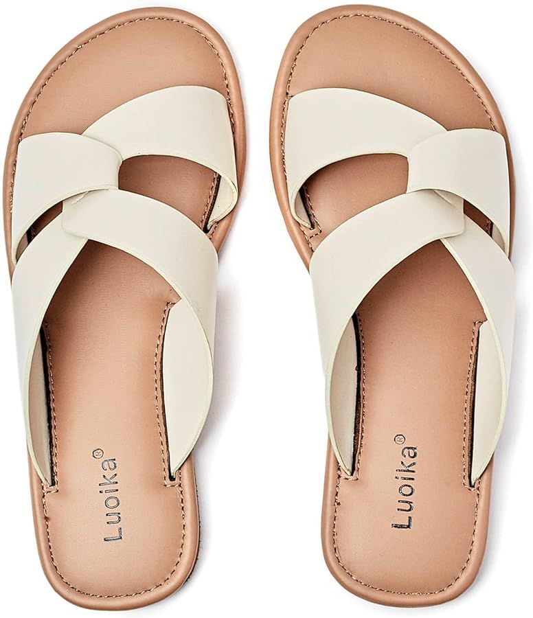 Luoika Women's Wide Width Flat Slides Sandals, Strapy Slide Sandal Slip on Dressy Summer Shoes fo... | Amazon (US)