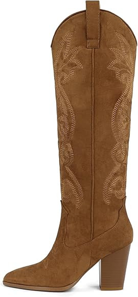 WIRALOMI Women Western Knee High Boots Embroidered Chunky Block Heel Cowboy Boots Pointed Toe Pul... | Amazon (US)