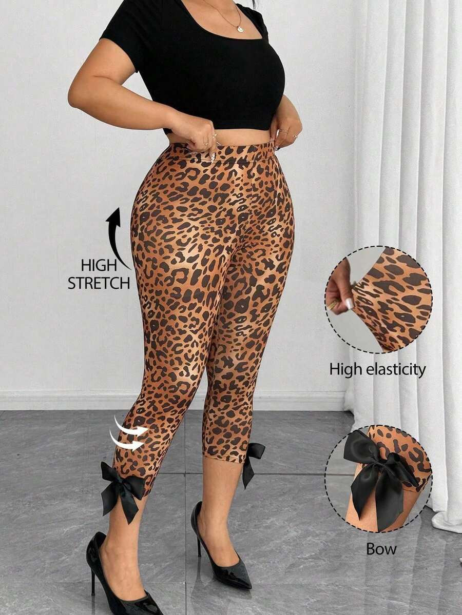 Elenzga Plus Size Elegant Leopard Print Bowknot Decor 7/8 Leggings, Slimming Bowknot Decor Base L... | SHEIN