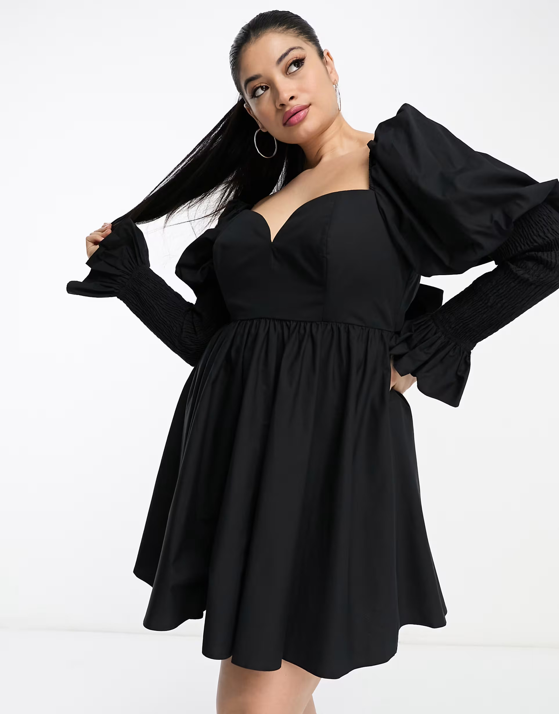 ASOS LUXE Curve poplin shirred puff sleeve mini dress in black | ASOS (Global)