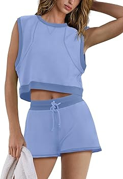 SENSERISE Womens Two Piece Workout Sets Matching Sweat Sets Summer Outfits Oversized Crop Tank To... | Amazon (US)