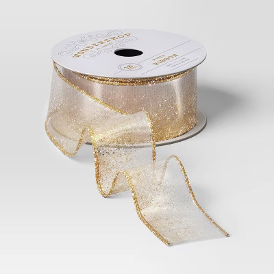 18' Christmas Modern Warmth Premium Ribbon Gold Glitter on Sheer - Wondershop™ | Target