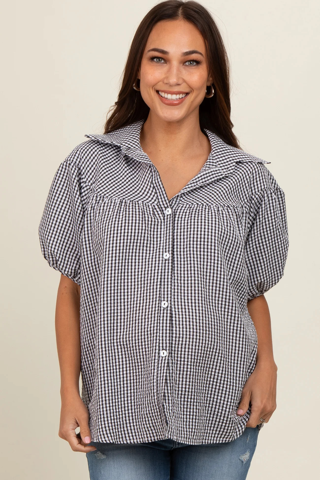 Black Plaid Button Down Maternity Top | PinkBlush Maternity