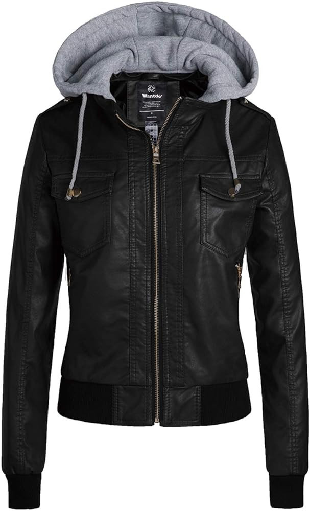 wantdo Women's Lightweight Leather Jacket Casual Motorcycle PU Biker Coat with Removable Hood | Amazon (US)