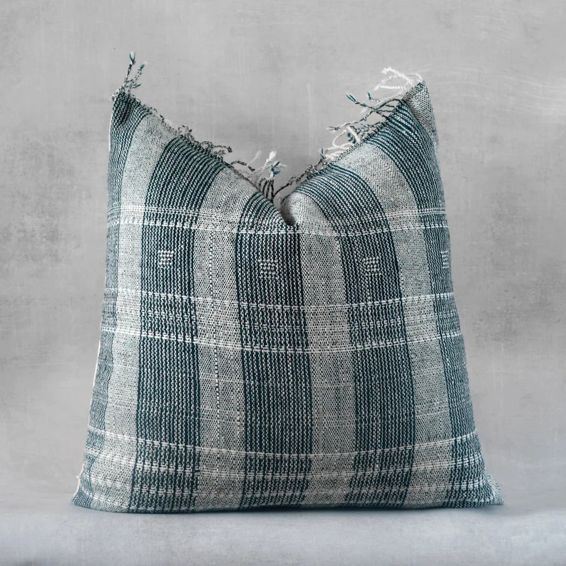 French Blue with Grey and White Stripes Pillow Cover | Vintage Indian Wool Pillow Cover | White S... | Etsy (US)