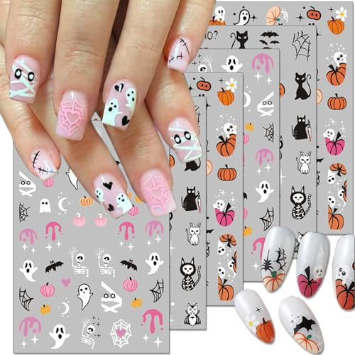 6Sheets Halloween Nail Art Stickers 3D Cute Zombie Ghost Nail Decals Pumpkin Blood Skull Spooky Nail Design Stickers Black Cat Halloween Nail Stickers Gothic Nail Supplies for Women Halloween Nail DIY | Amazon (US)