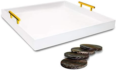 Large White Ottoman Tray with Gold Handles 19x19 Modern Decorative Trays Square Serving Platter w... | Amazon (US)