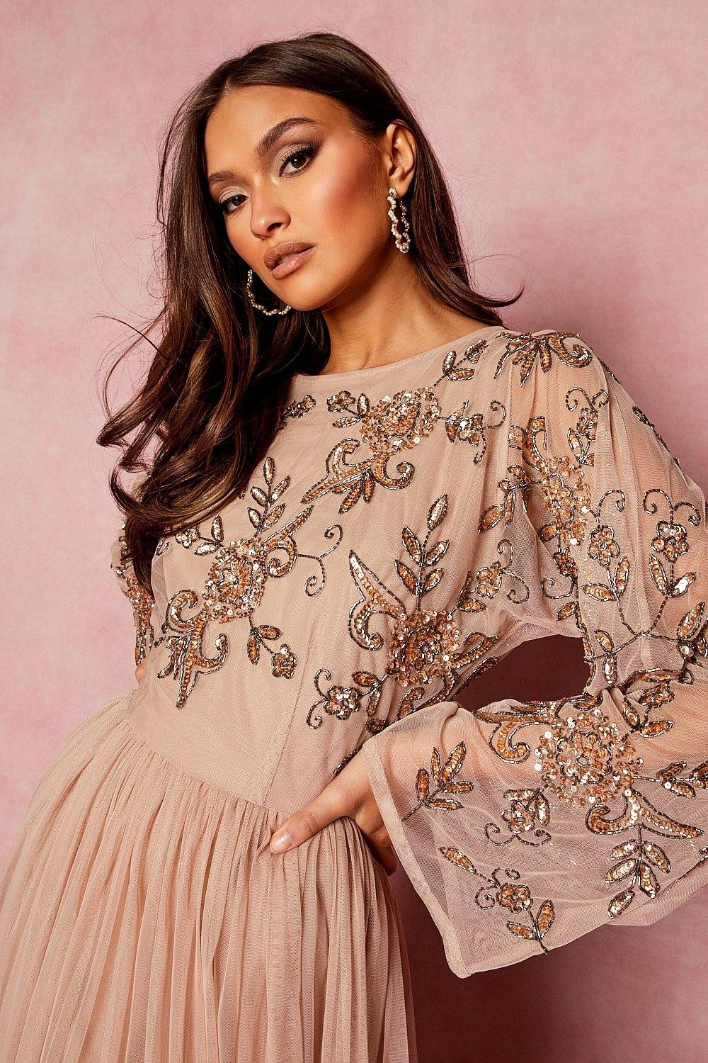 Bridesmaid Hand Embellished Long Sleeve Maxi Dress | Boohoo.com (US & CA)