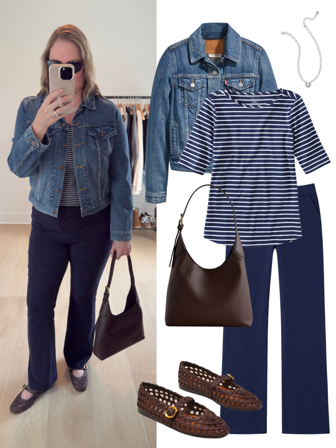 Outfit of the Day: navy stripe tee, navy pants, denim jacket and chocolate brown mary jane flats. #ootd  

 #LTKootd #LTKMidsize