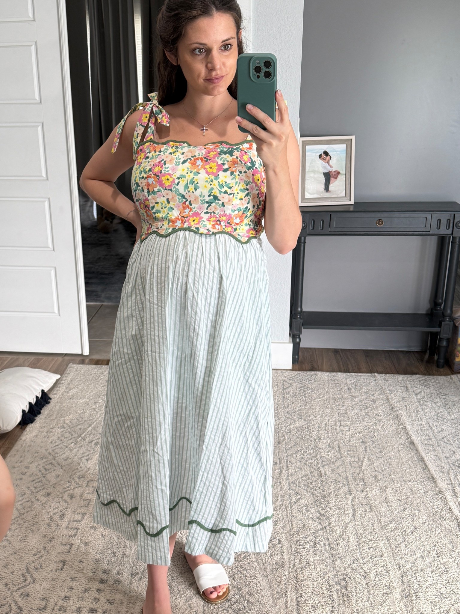 Love this midi dress!!
The scallop detailing is so pretty 
100% cotton 
Smocked backing
I am 5’3 in my third trimester wearing a medium. 


#LTKFindsUnder100 #LTKStyleTip #LTKBump