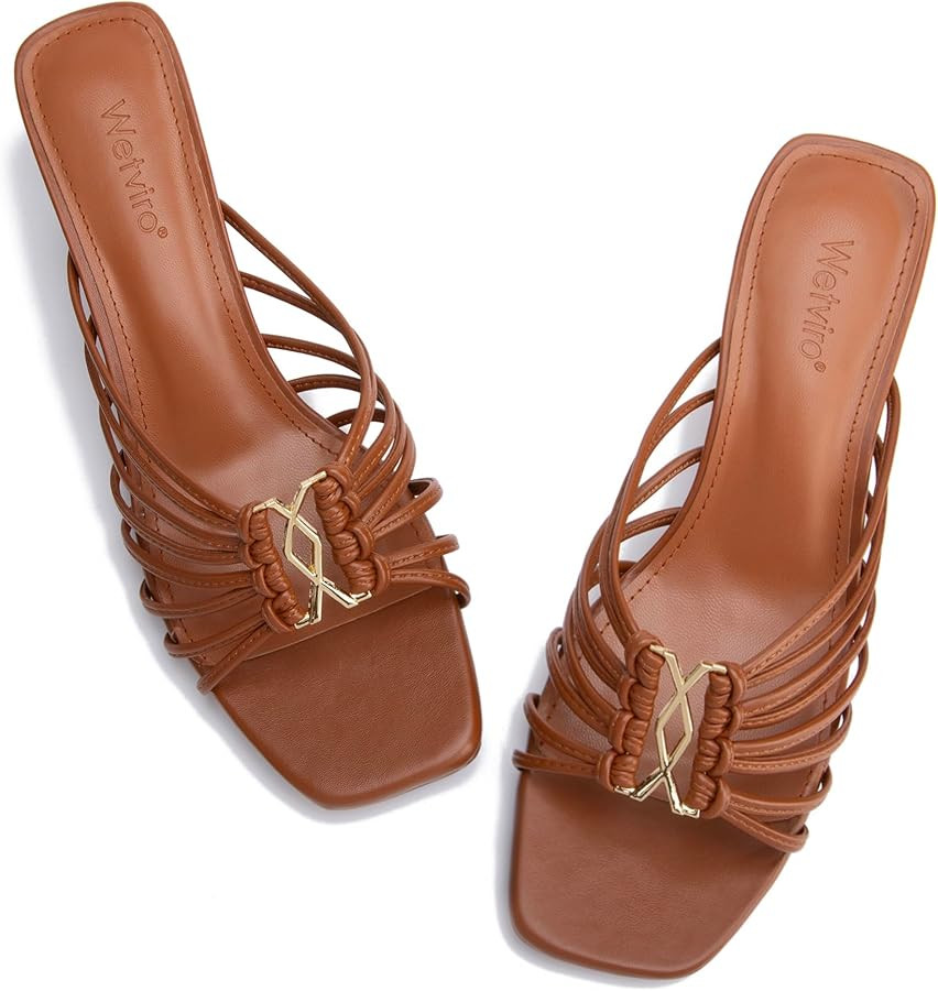 Womens 2.2 IN Kitten Heel Sandals Square Open Toe Strappy Slip On Mules Slides Dressy Low Heeled ... | Amazon (US)