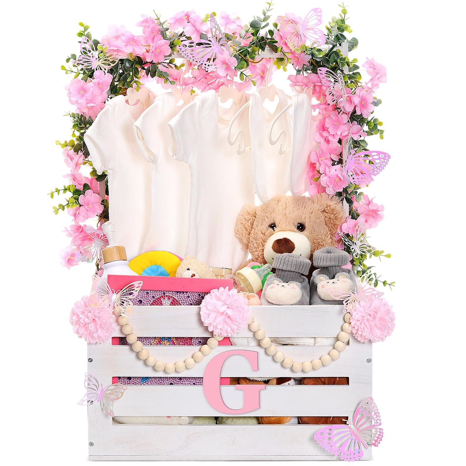 Juexica Wooden Baby Shower Crate Closet, Baby Basket with Handle Butterfly Eucalyptus Garland Bead Artificial Flowers Large Letter, Butterfly Theme Wooden Crate for Pregnancy New Parent(White) | Amazon (US)