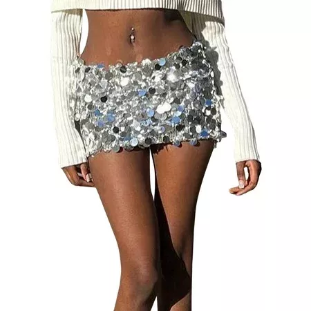 Punk Sequined Spike Embellished Silver Bra Top And Matching Belt Skirt