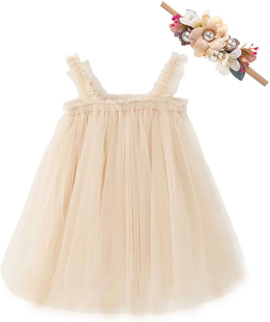 Bow Dream Baby Girls Toddler Tutu Dress Infant Tulle Dress Party Princess Dress with Flower Headb... | Amazon (US)