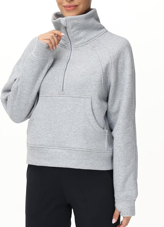 Women's Half Zip Pullover Sweatshirt Fleece Stand Collar Crop Sweatshirt with Pockets Thumb Hole | Amazon (US)