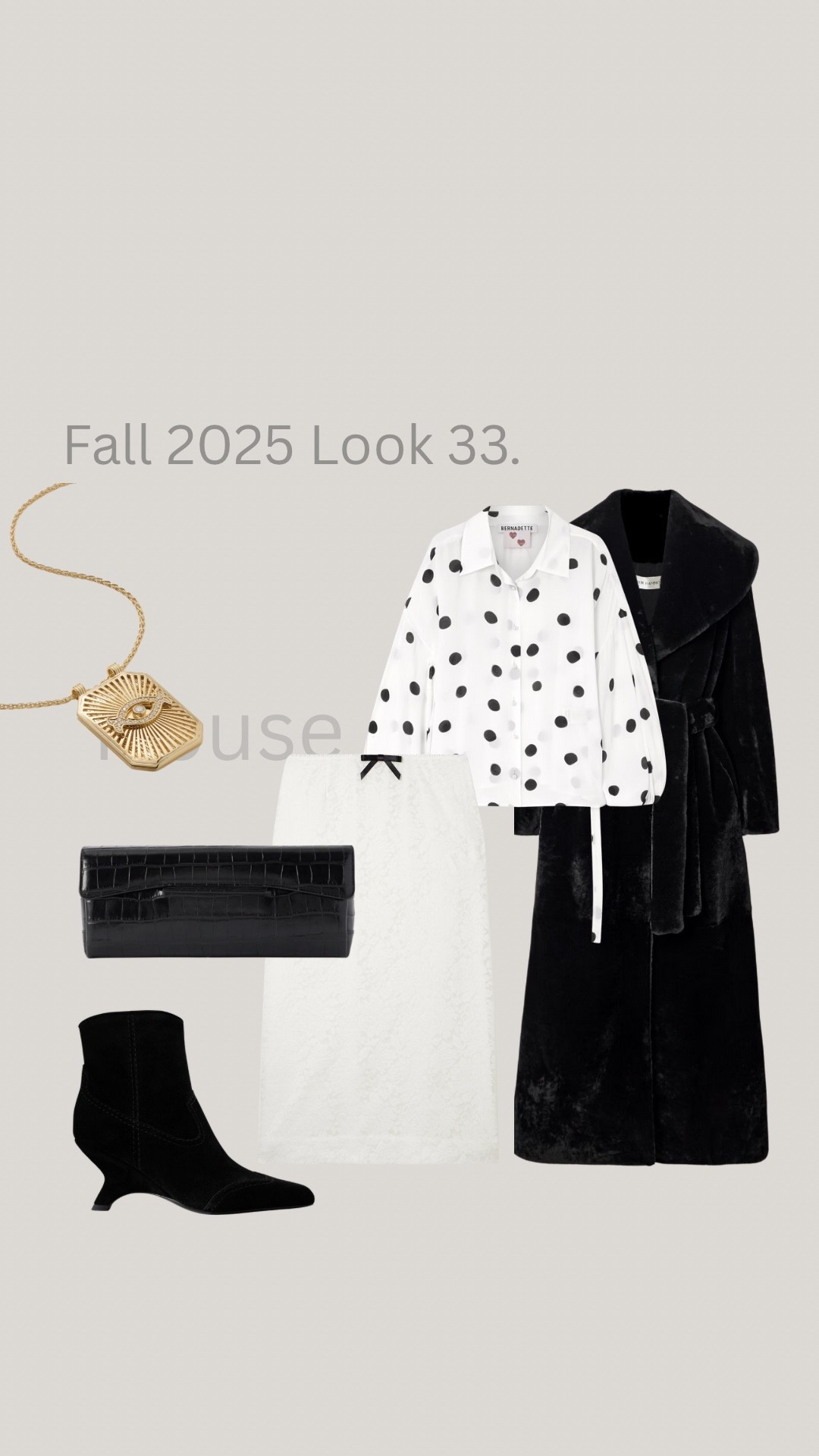 Fall 2025 Look 33. 

Monochrome with a hint of charm.
A black-and-white polka dot blouse tucked into a white mid-length skirt, tied neatly with a black bow for balance. Layered under a long black coat for structure, finished with ankle boots, a sleek black clutch, and a single gold pendant that catches the light. Classic, graphic, and timelessly feminine.

Shop the edit: polka dot blouses | white skirts | tailored outerwear | gold details | black accents

 #LTKstyle #quietluxury #monochromestyle #elevatedfeminine #editorialoutfit #LTKStyleTip #fashion #ootd #nyc #love #looks #ltk #fall #2025 #streetstyle #style #work #LTKStyle #ltkfashion 

#LTKBeauty #LTKootd #LTKgrwm