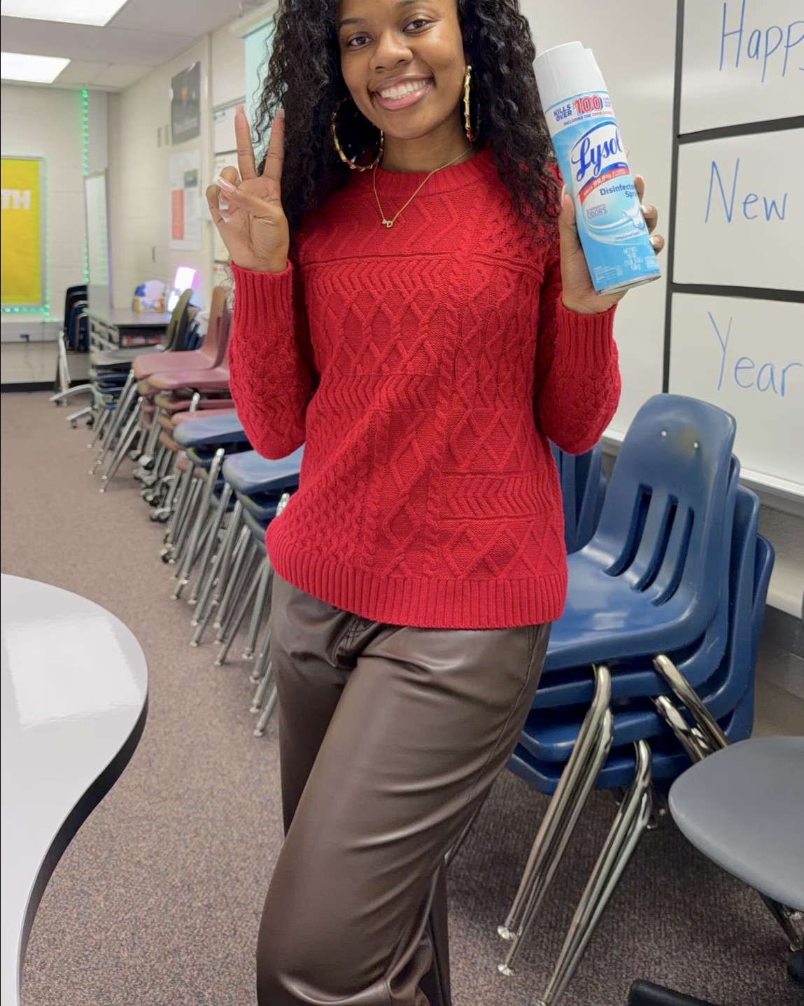 Happy New Year 2026! 🎉 

As a middle school marketing teacher, the safety of my students and myself is very important. Every morning I Lysol spray my student’s chairs and I wipe down my classroom tables using Clorox wipes from Walmart and other local retailers. 🧼🫧

When the class is completely disinfected, it’s time to check my fit. The red knitted sweater and brown leather pants are both from the Time and Tru Walmart brand❤️🤎

#LTKWorkwear #LTKdayinmylife #LTKmorningroutine