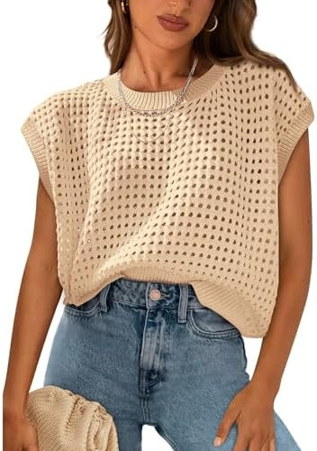 PRETTYGARDEN Womens Spring Tops 2026 Summer Shirts Crochet Cap Sleeve Sweater Pullover Cute Beach... | Amazon (US)