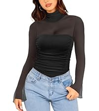 Women's Sexy Bodysuit for Outfits: Mock Turtle Neck Long Sleeve Thong Body Suit Mesh Sheer Ruched... | Amazon (US)
