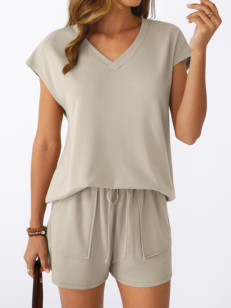 AUTOMET Women 2 Piece V Neck Matching Lounge Sets Clothing Spring Cap Sleeve Shirt and Shorts 202... | Amazon (US)