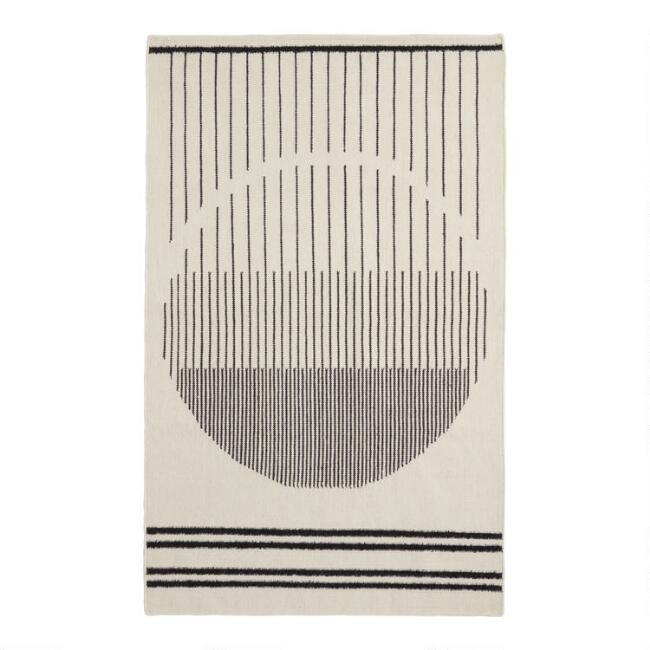 Ivory and Black Geometric Stripe Wool Kilim Tribeca Area Rug | World Market