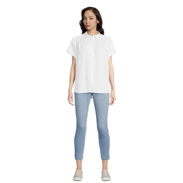 Time and Tru Women's Button Down Camp Shirt with Roll Cuff Sleeves, Sizes XS-XXXL | Walmart (US)