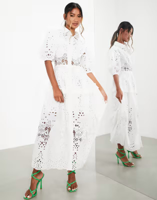 ASOS EDITION eyelet midi shirt dress with puff sleeve in white | ASOS | ASOS (Global)