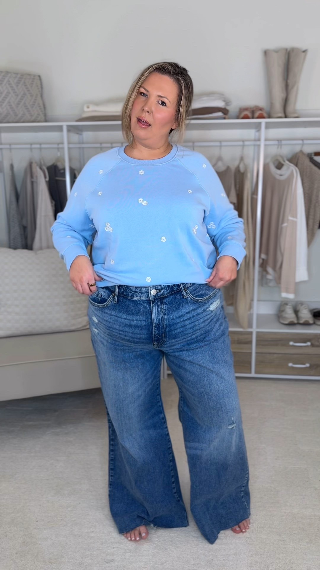These wide leg jeans are high rise with tummy support! I’m wearing 20 and so I think that you should get your regular size! If in between like me, size up! Top is a 2, size up if you want more room 

#LTKPlusSize #LTKSaleAlert #LTKMidsize