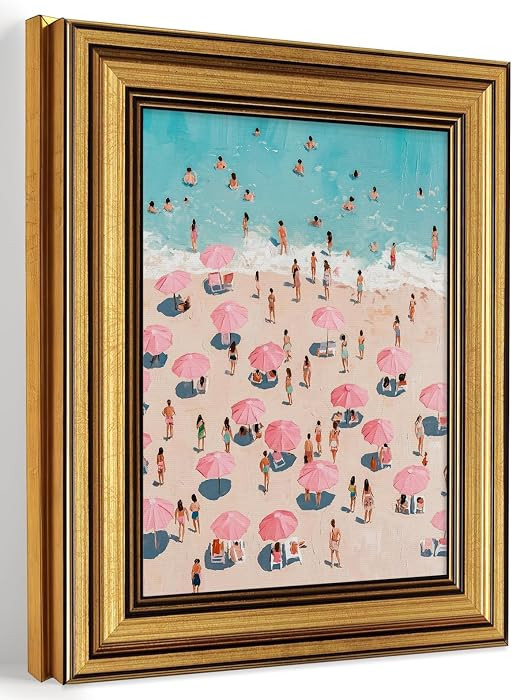 Vintage Gold Framed Coastal Wall Art Beach Pink Umbrella Canvas Print Decor | Amazon (US)