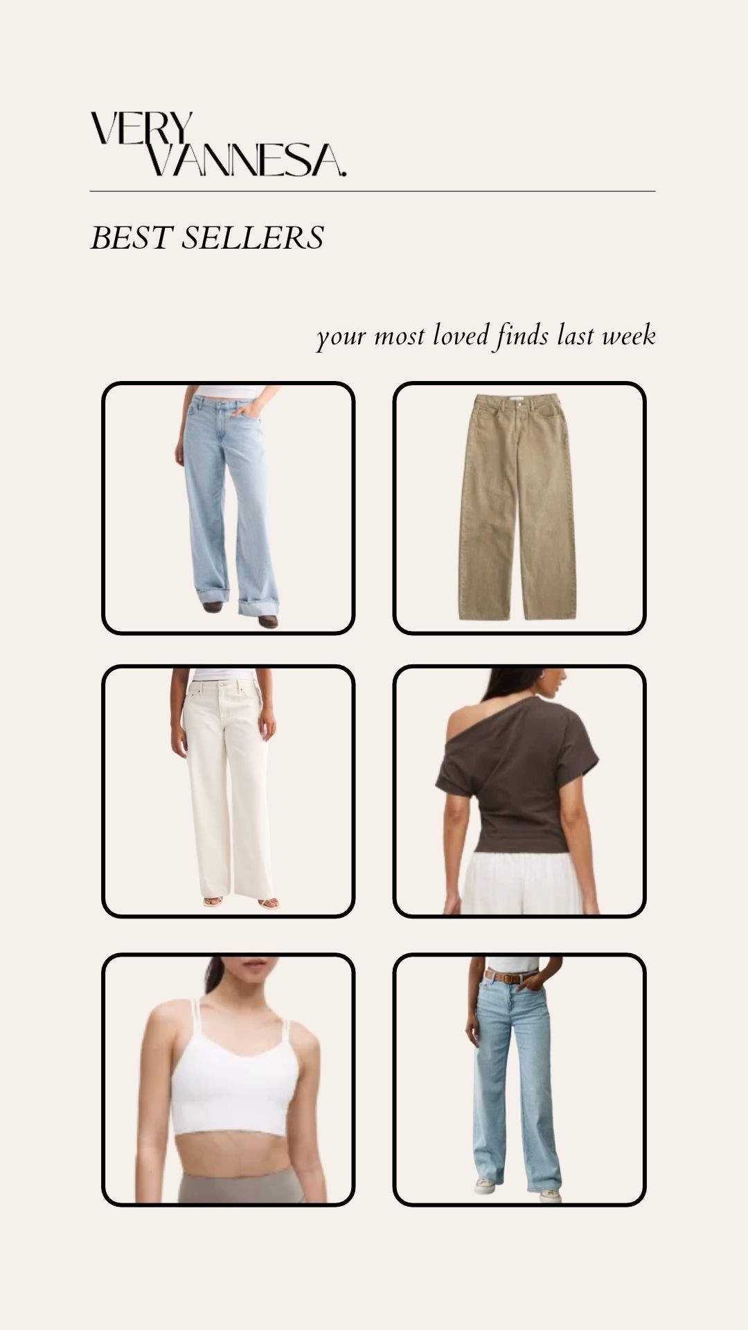 Last week’s top sellers 
Abercrombie curve love jeans 
Off the shoulder tee 
Lululemon sports bra 
AE jeans