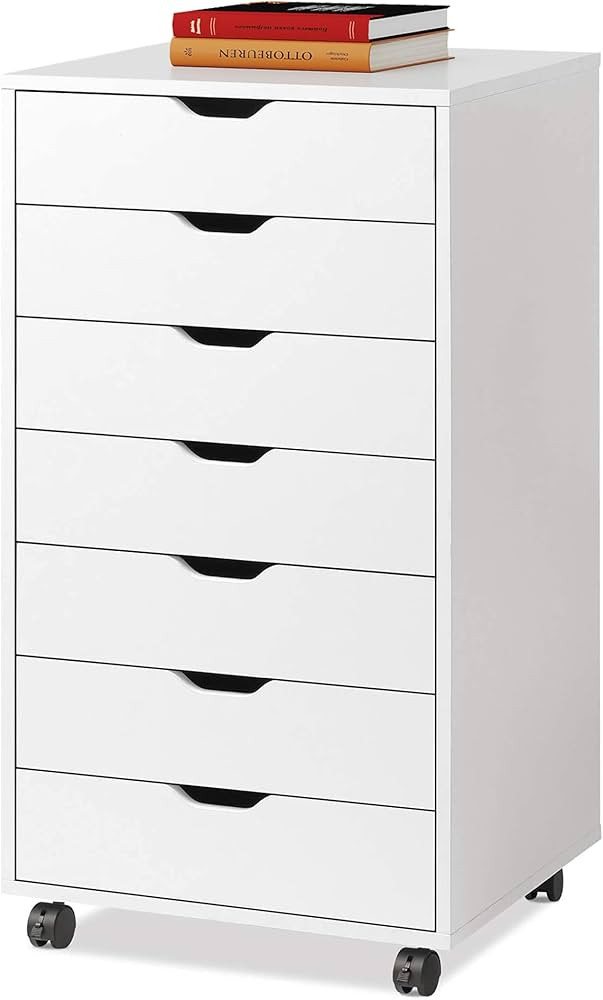 DEVAISE 7-Drawer Chest, Wood Storage Dresser File Cabinet with Wheels, White | Amazon (US)