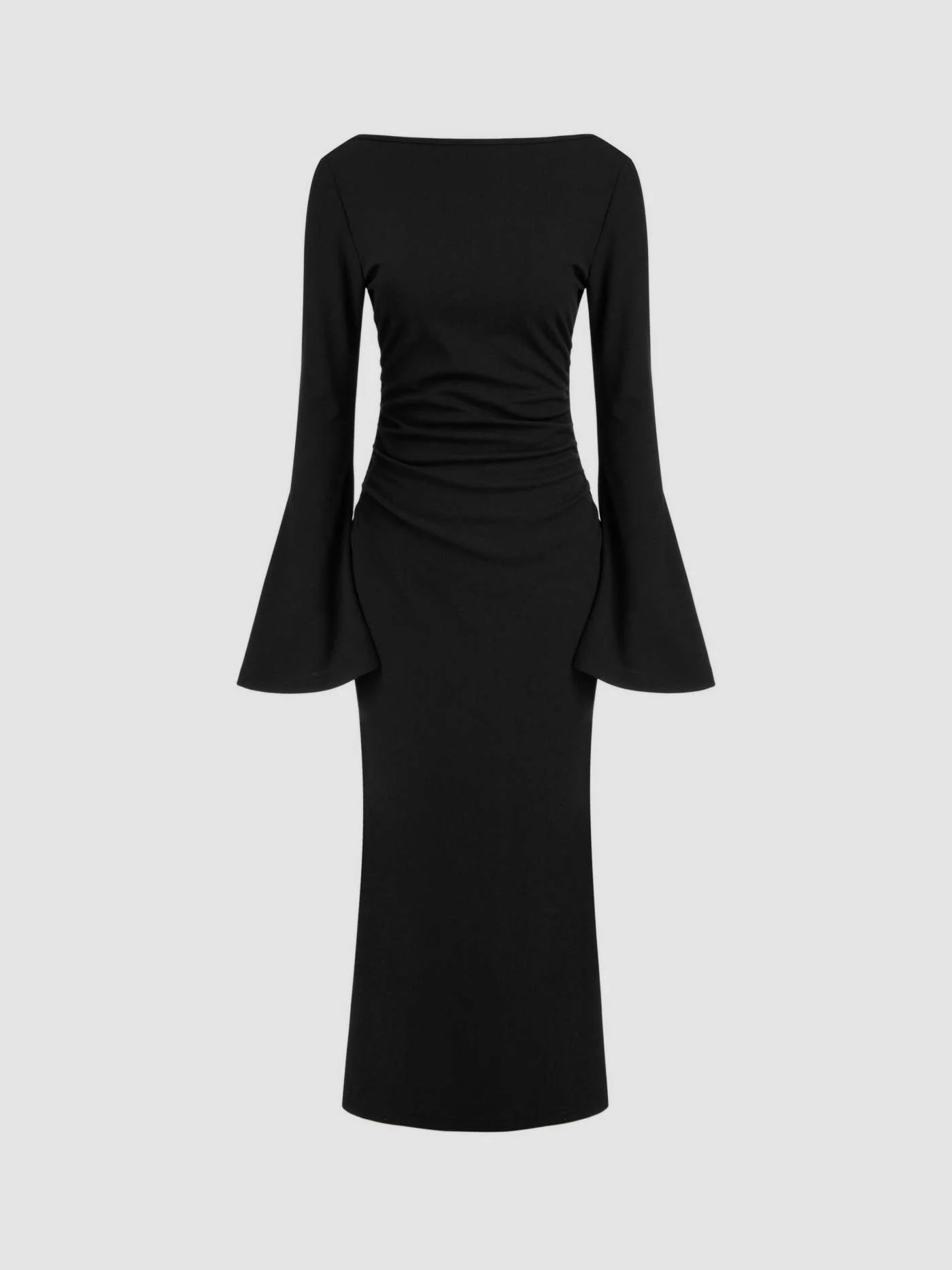 Knit Fabric Boat Neck Ruched Bell Sleeve Maxi Dress For Work | Cider