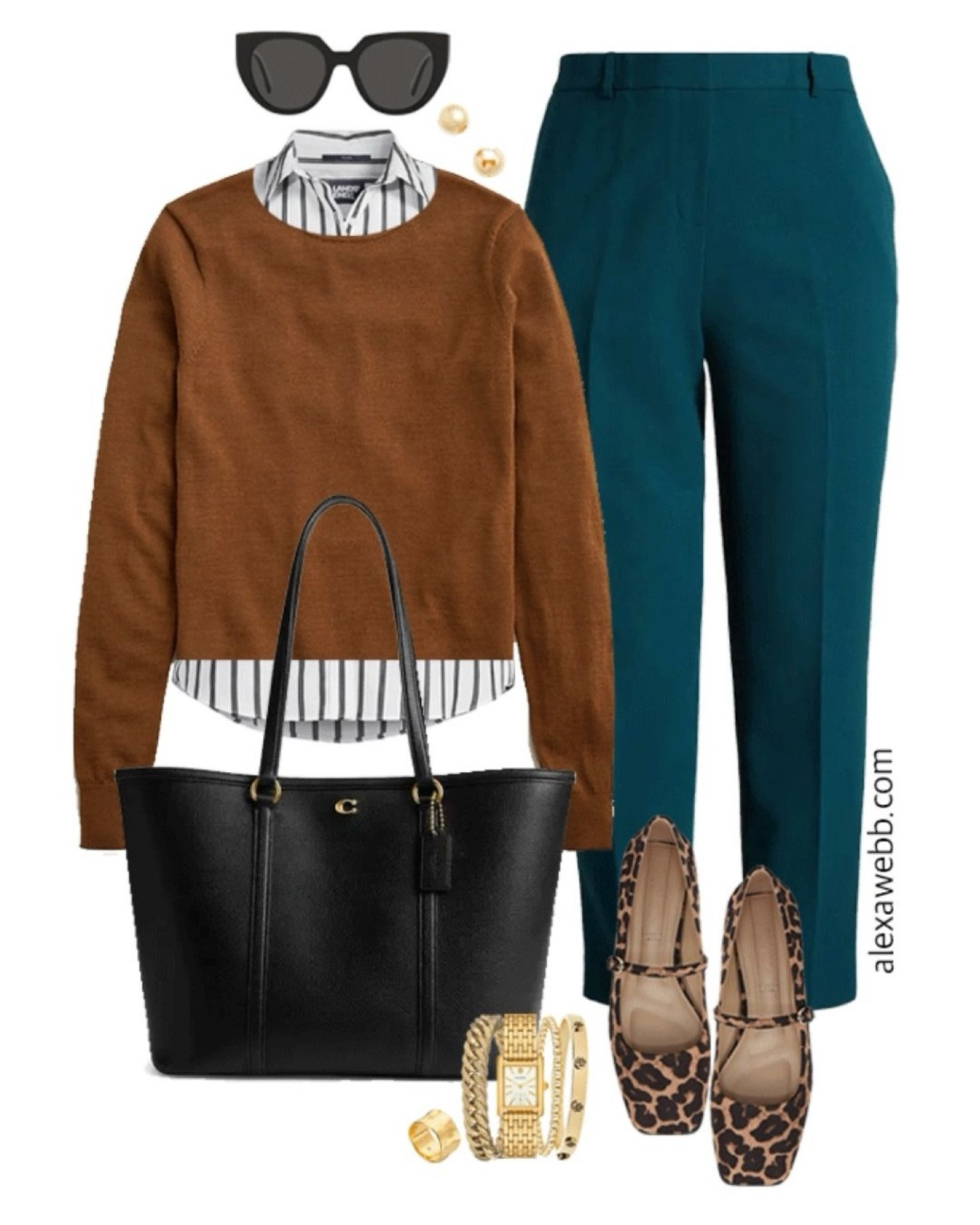 Plus size fall business casual work capsule wardrobe with a striped shirt, brown sweater and teal pants. Alexa Webb 

#LTKStyleTip #LTKWorkwear #LTKPlusSize