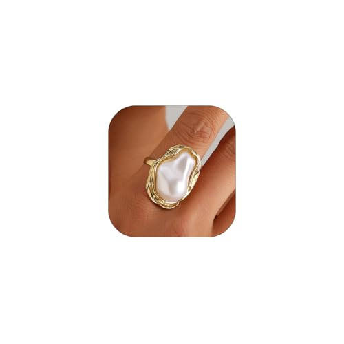 XUN Zhe Baroque Pearl Ring for Women - Adjustable Irregularity Statement Ring - Vintage White Big Faux Pearl Finger Ring - Fashion Wedding Jewelry (Gold) | Amazon (US)
