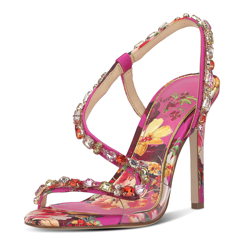 Multicolor Floral Print Open-Toe Rhinestone Strappy High Heel Sandals | FSJshoes.com