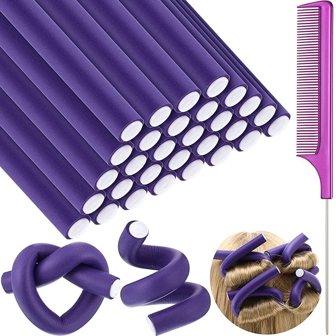 Syhood 30 Pieces Flexible Curling Rods Twist Hair Rollers Soft Foam Rods No Heat and 1 Pcs Steel ... | Amazon (US)