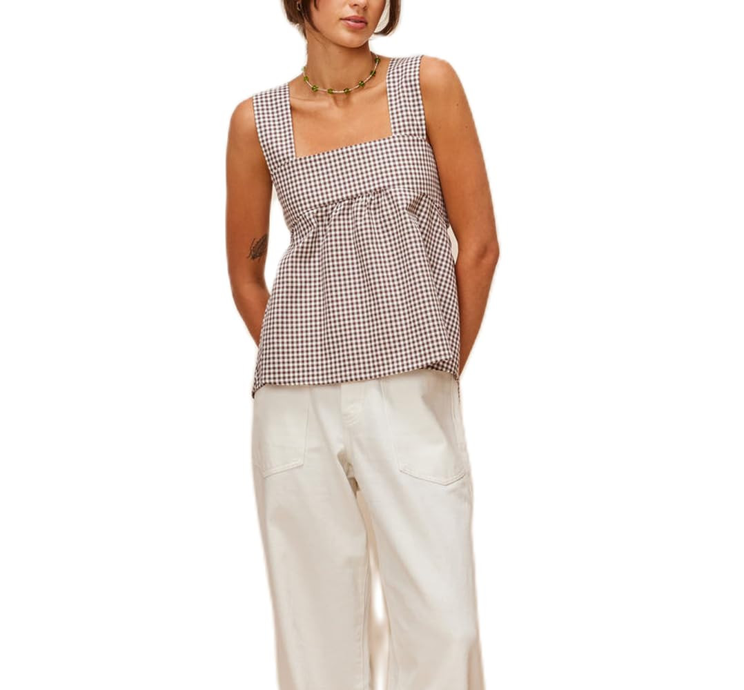 Women Y2k Going Out Tank Tops Gingham Square Neck Peplum Cami Tank Sleeveless Backless Shirt Bowt... | Amazon (US)