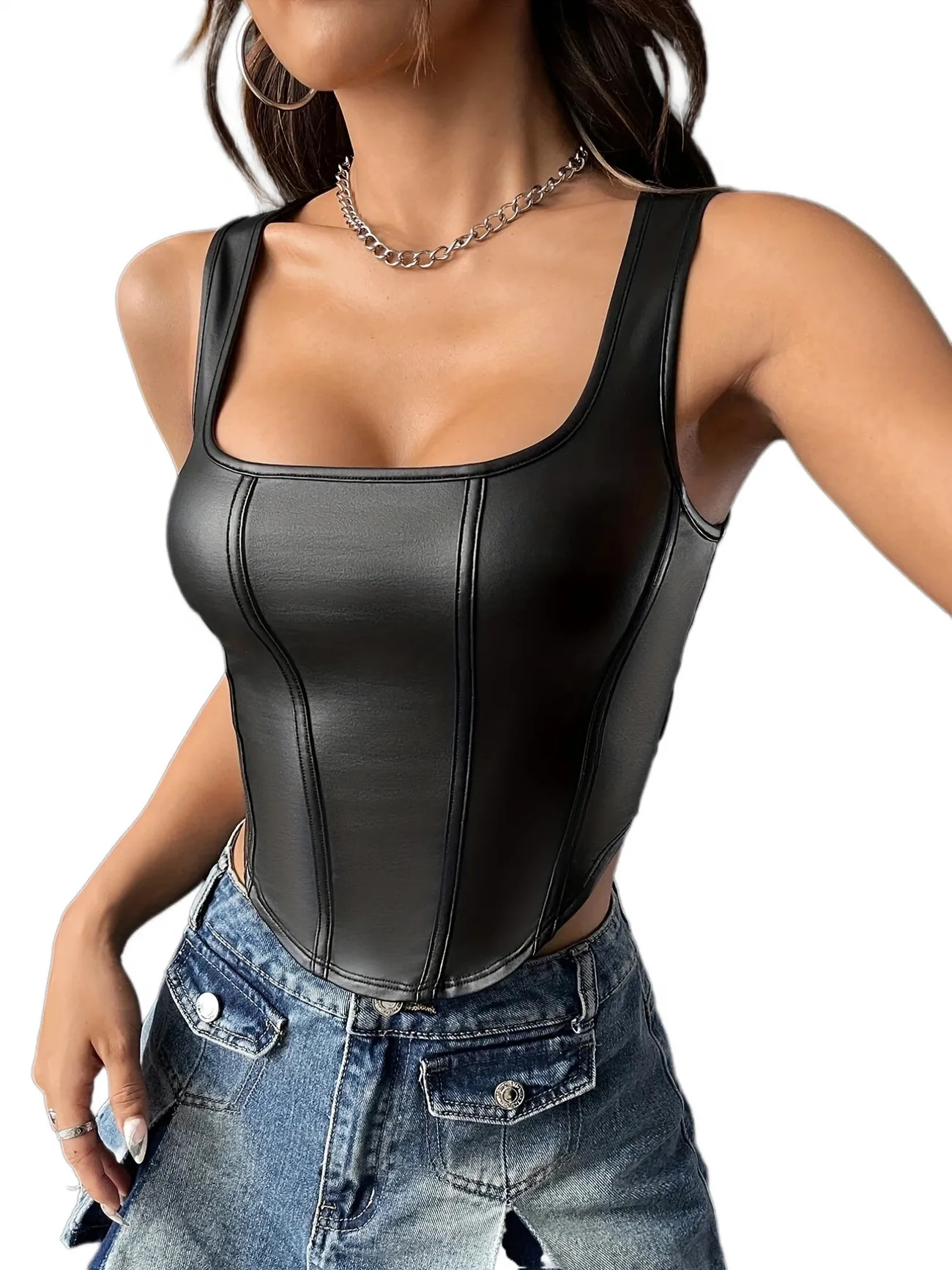 PU Bustier Tank Top, Y2K Sexy Square Neck Tank Top For Summer, Women's Clothing | Temu Affiliate Program