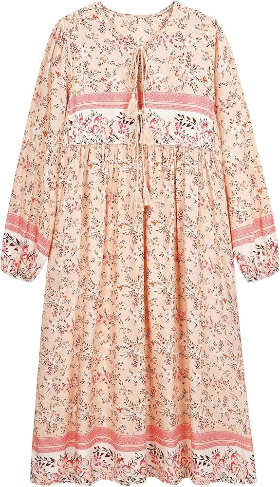 UIMLK Boho Maxi Dresses for Women Casual Summer, Cotton Long Sleeve Floral Print Tassel Bohemian ... | Amazon (US)