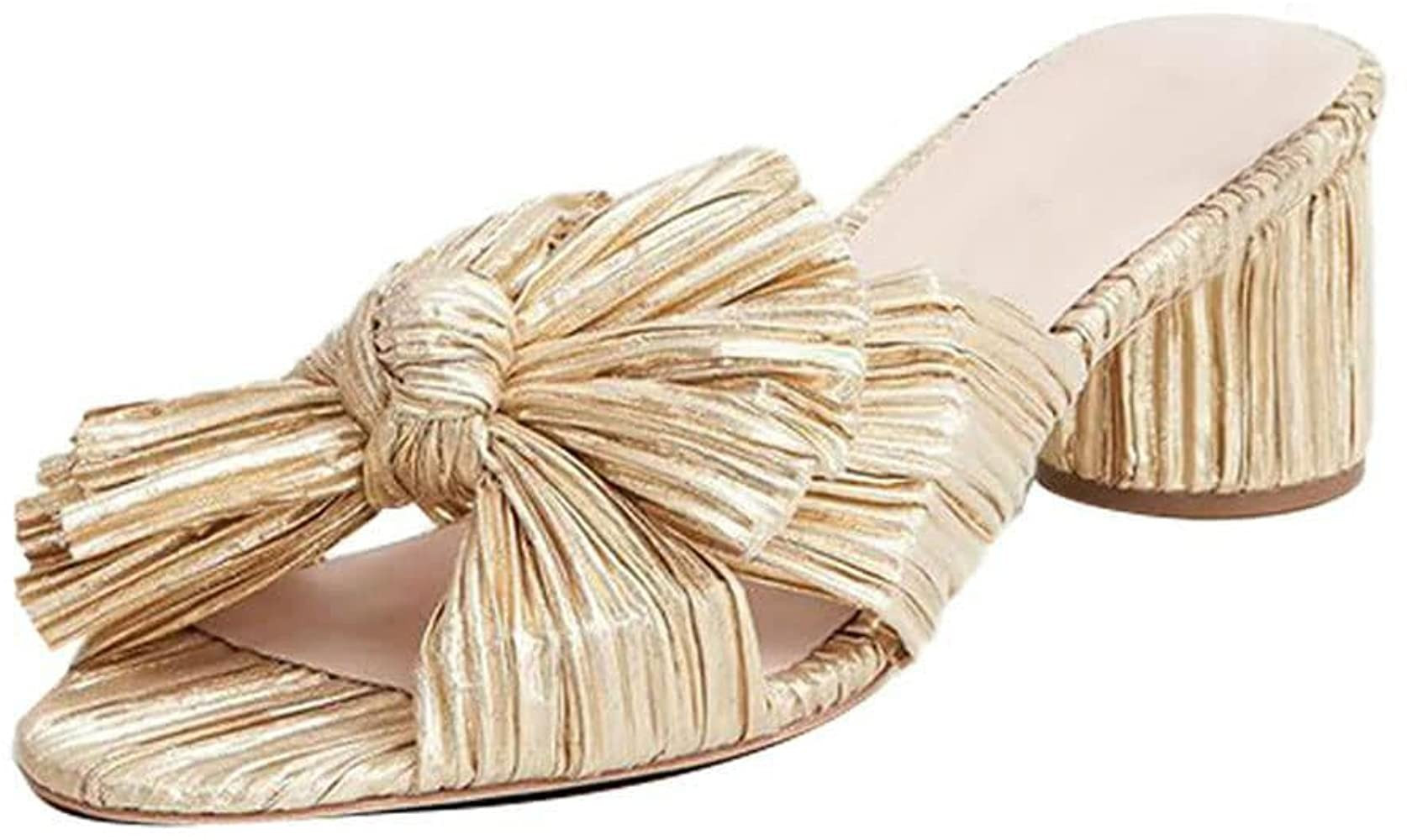 Vimisaoi Chunky Block Heeled Sandals for Women Comfortable Slip On Open Toe Pleated Bow Heel Sand... | Amazon (US)