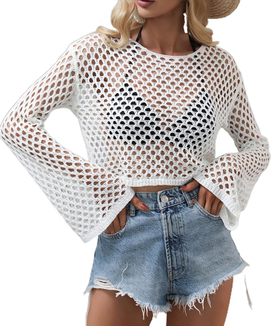 Hilinker Women's Scoop Neck Long Sleeve Top Hollow Out Crochet Bikini Cover Ups | Amazon (US)